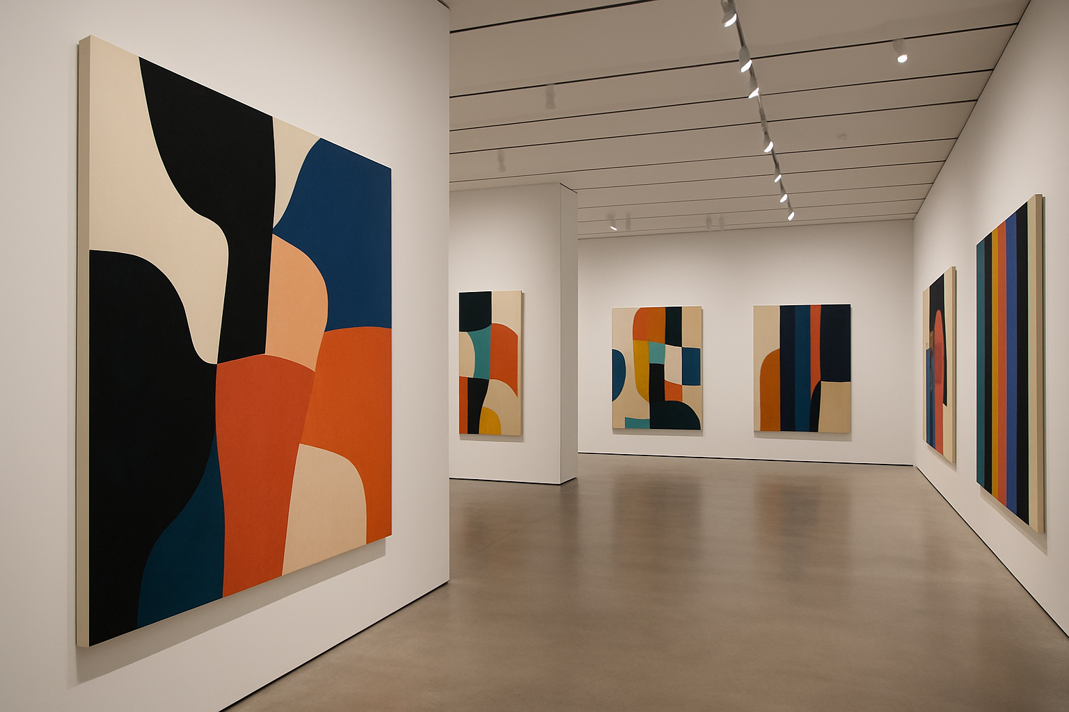 Galerie d'art contemporain minimaliste, ambiance épurée et moderne